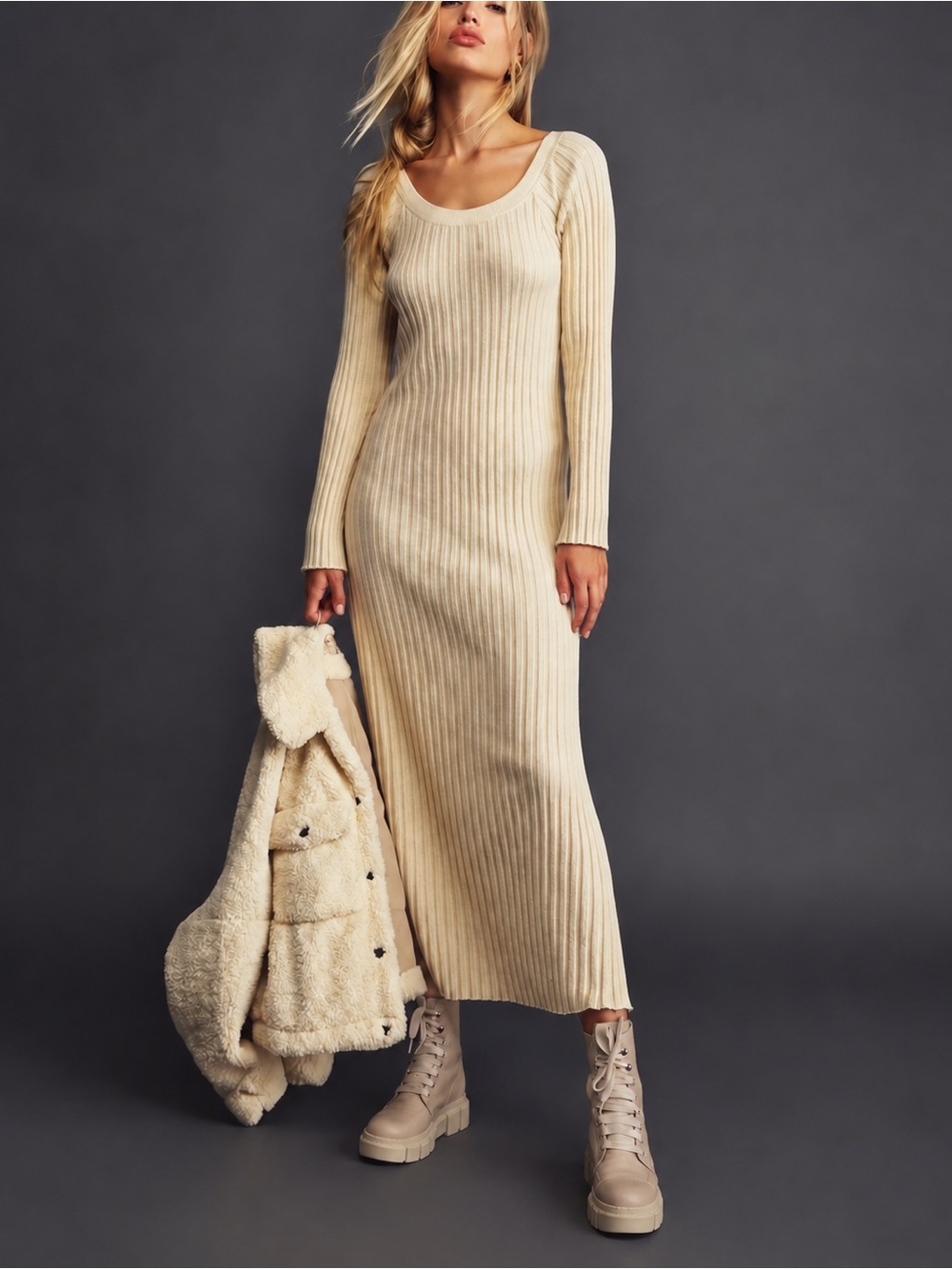 Free People Beach Walk About Ribbed Maxi Dress M Ivory Boho Cotton Knit Fall